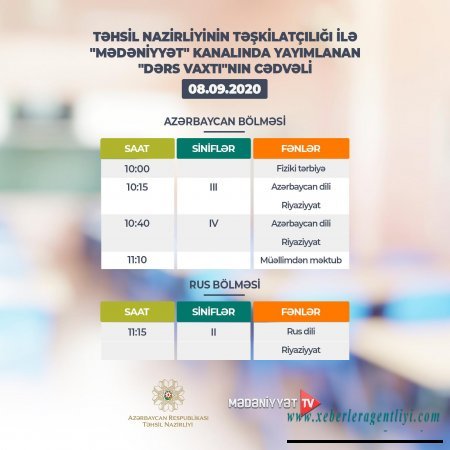 “Dərs vaxtı”nın sentyabrın 8-nə olan cədvəli açıqlanıb