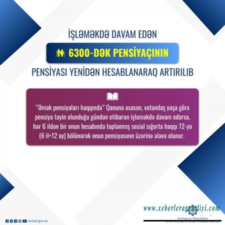İşləməkdə davam edən 6300-dək pensiyaçının pensiyası yenidən hesablanaraq artırılıb