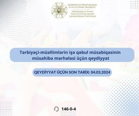 Məktəbəqədər təhsil müəssisələrinə tərbiyəçi-müəllimlərin işə qəbul müsabiqəsinin növbəti müsahibə mərhələsinə qeydiyyat başladı