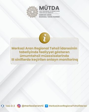 Mərkəzi Aran Regional Təhsil İdarəsinin tabeliyində fəaliyyət göstərən ümumtəhsil müəssisələrində III siniflərdə keçirilən onlayn monitorinq