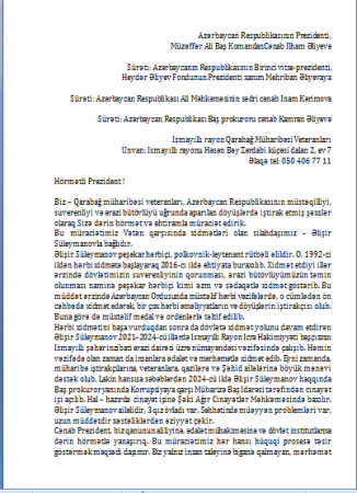 QARABAĞ MÜHARİBƏSİ VETERANLARI VƏ QAZİLƏRİ HƏBS OLUNAN POLKOVNİKƏ GÖRƏ PREZİDENT İLHAM ƏLİYEVƏ MÜRACİƏT ETDİLƏR
