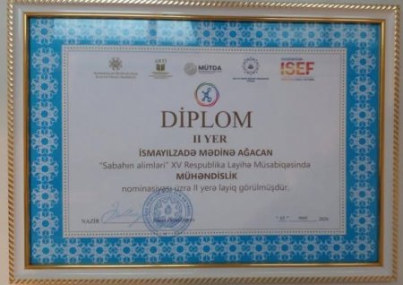 Şagirdimiz "Sabahın alimləri" XV  Respublika müsabiqəsində 2-ci yerə layiq görülmüşdür